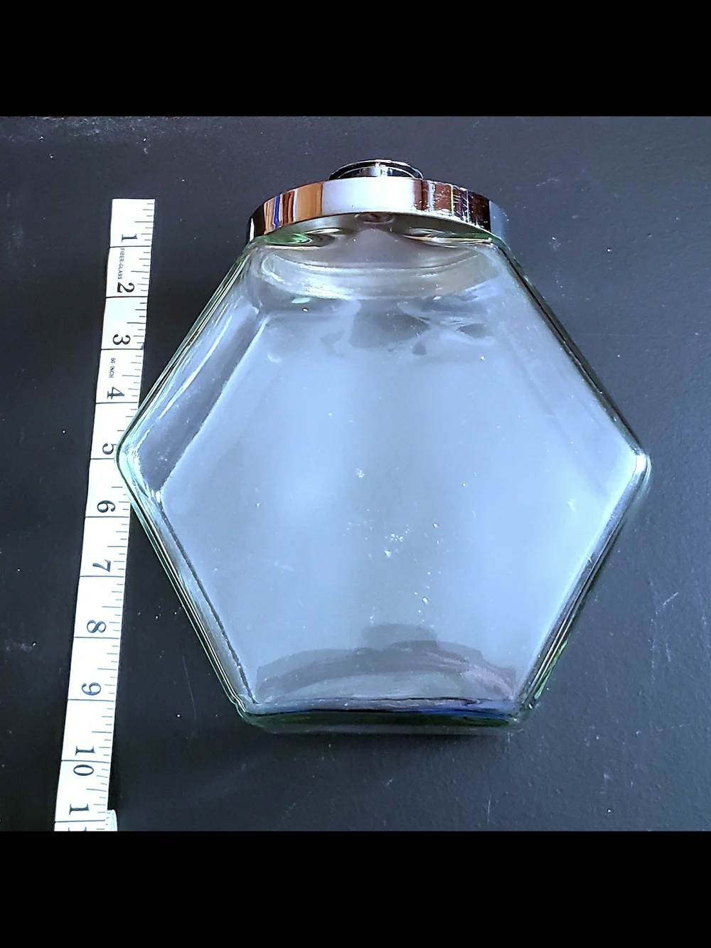 Vintage 1970's Glass Hexagon Decorative Jar with Silver Lid - Clear
